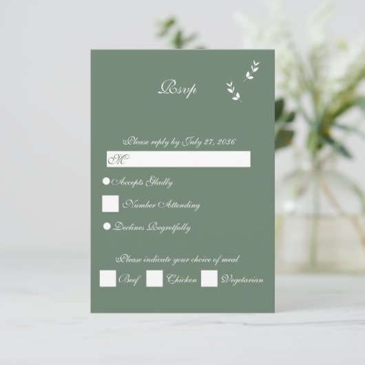 Elegant Formele Salie Olijf Groen Script Bruiloft RSVP Kaartje (Staand voorkant)