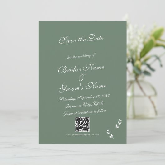 Elegant Formele Salie Olijf Groen Script Bruiloft Save The Date (Staand voorkant)