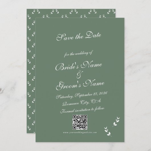 Elegant Formele Salie Olijf Groen Script Bruiloft Save The Date (Voorkant / Achterkant)