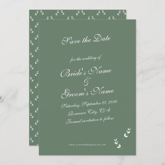 Elegant Formele Salie Olijf Groen Script Bruiloft Save The Date (Voorkant / Achterkant)