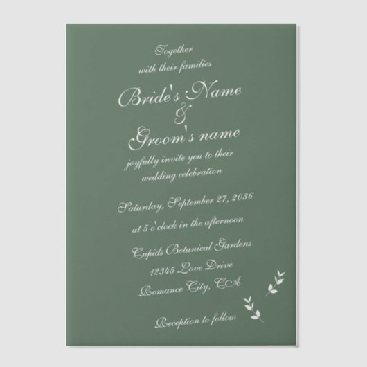 Elegant Formele Salie Olijf Groen Script Bruiloft Vellum Uitnodigingen (Voorkant)