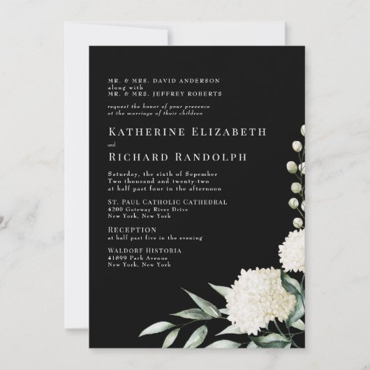 Elegant Formele Zwart & Wit Bloemen Bruiloft Kaart (Voorkant)