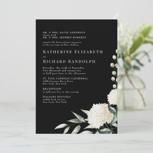 Elegant Formele Zwart & Wit Bloemen Bruiloft Kaart (Staand voorkant)