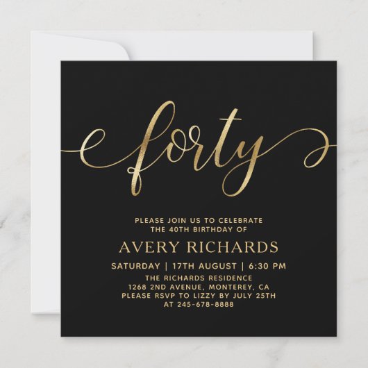 Elegant Forty Gold Script Zwart 40ste verjaardag Kaart (Voorkant)