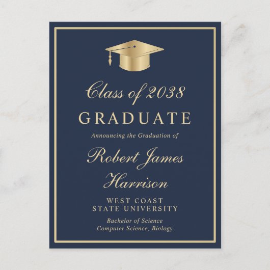 Elegant foto blauw goud universitaire afstudeerfee uitnodiging briefkaart (Voorkant)