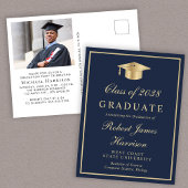 Elegant foto blauw goud universitaire afstudeerfee uitnodiging briefkaart