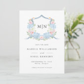Elegant Foto Blauw Monogram Sla de datum op Save The Date (Staand voorkant)