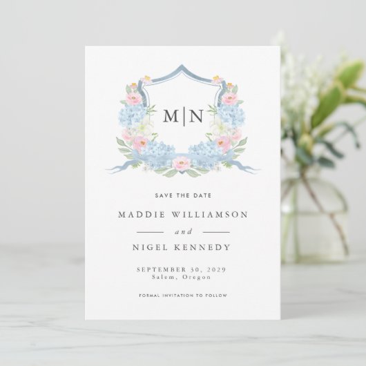 Elegant Foto Blauw Monogram Sla de datum op Save The Date (Staand voorkant)