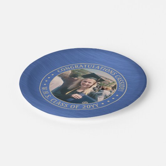 Elegant Foto Blue & Gold Modern Graduparty Papieren Bordje (Gekanteld)