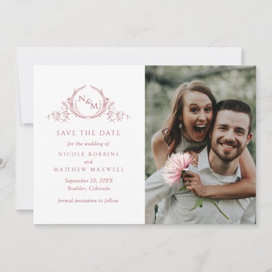 Elegant Foto Blush Pink Monogram Weddenschap Save The Date (Voorkant)