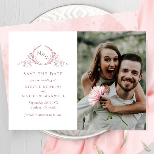 Elegant Foto Blush Pink Monogram Weddenschap Save The Date