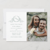 Elegant Foto Bord Green Monogram Wedding Save The Date (Voorkant)