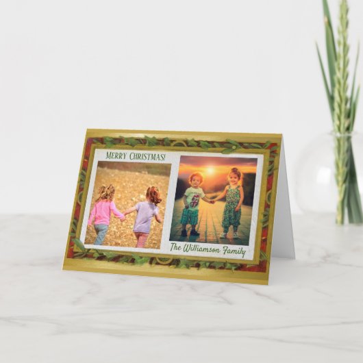 Elegant Foto Collage Gold Red Green Name Feestdagen Kaart (Voorkant)