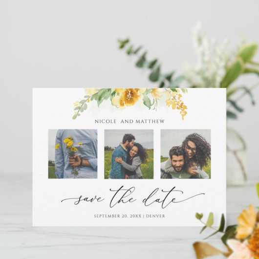 Elegant Foto Collage Yellow Floral Wedding Save The Date