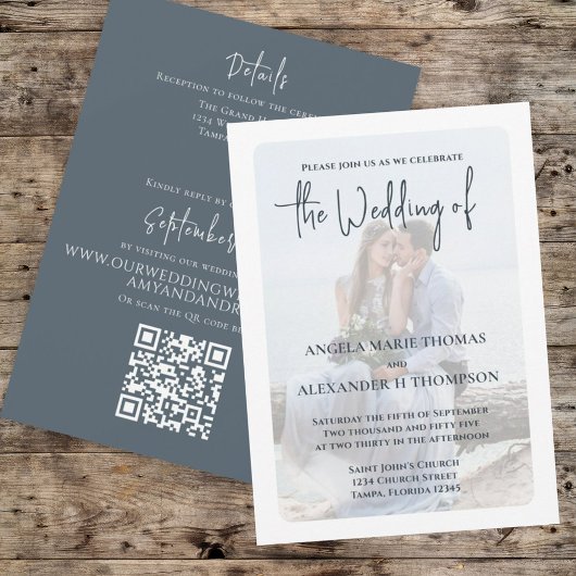 Elegant foto Eenvoudige QR-code RSVP Dusty Grey Kaart