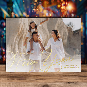 Elegant foto gelukkig nieuwjaar script goud folie feestdagenkaart