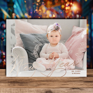 Elegant foto gelukkig nieuwjaar script roze goud folie feestdagenkaart