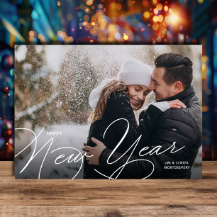 Elegant foto gelukkig nieuwjaar script zilver folie feestdagenkaart