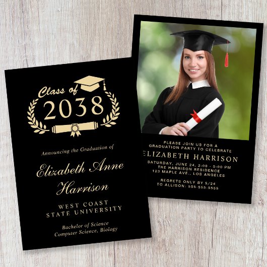 Elegant foto goud script zwart afstudeerfeest kaart