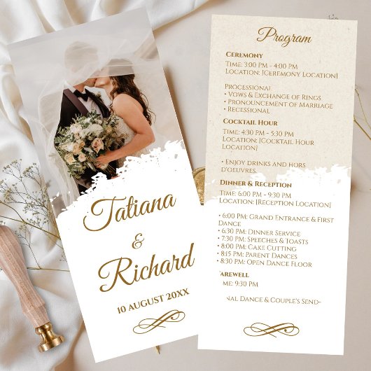 Elegant Foto & Gouden Script Huwelijksprogramma Programmakaart