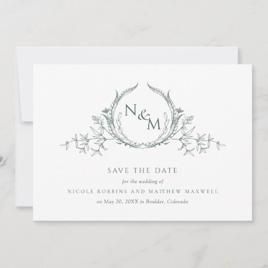 Elegant Foto Green Monogram Wedding Save the Date (Voorkant)