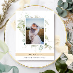 Elegant Foto Greenery Wedding Beige Tan Hartelijk  Bedankkaart<br><div class="desc">Elegant foto's bruiloft bedankt je platte kaart met de voortreffelijke waterverf greenery die je afbeelding laat zien. Beige tan stripe laat je bedanken. Terug met een prachtig groen monogram met koppels initialen. Mogelijkheid om kaarten met je eigen gedrukte bericht op de achterzijde te ontvangen of om ons bericht te wissen...</div>