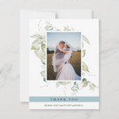 Elegant Foto Greenery Wedding, Mist Blue Bedankkaart (Voorkant)