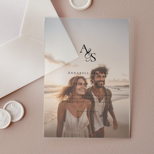 Elegant, foto, klassiek, monogram, bruiloft acryl uitnodigingen