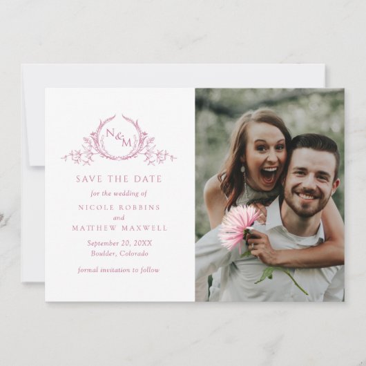 Elegant Foto Mauve Pink Monogram Weddenschap Save The Date (Voorkant)