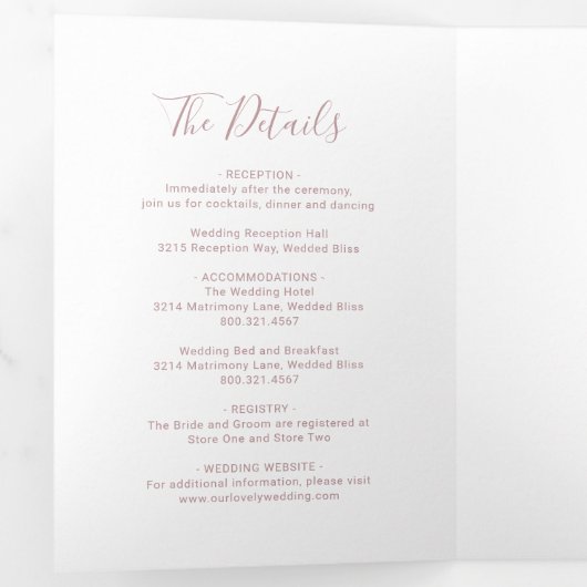 Elegant Foto Modern Dusty Roos Pink Wedding Drieluik Uitnodiging (Binnenzijde eerst)