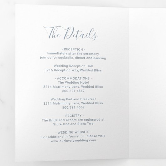 Elegant foto Modern Simple Dusty Blue Wedding Drieluik Uitnodiging (Binnenzijde eerst)