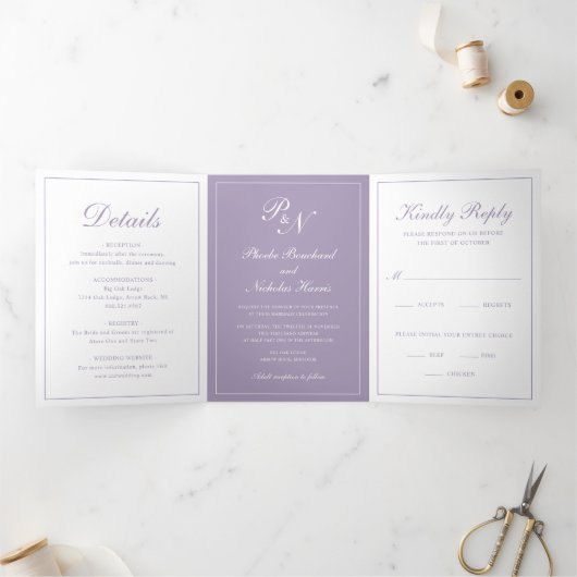 Elegant Foto Monogram Dusty Paars Formal Wedding Drieluik Uitnodiging (Binnen)