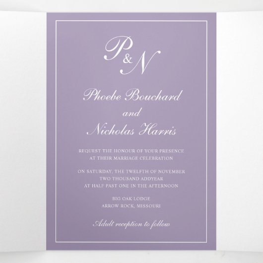 Elegant Foto Monogram Dusty Paars Formal Wedding Drieluik Uitnodiging (Binnenkant midden)