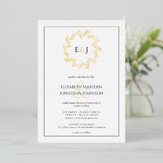 Elegant Foto Monogram Leaf Wreath Wedding Folie Uitnodiging (Staand Voorkant)