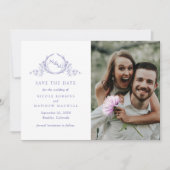 Elegant Foto Paars Monogram Weddenschap Save The Date (Voorkant)