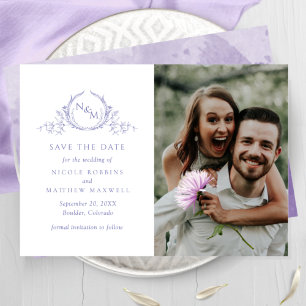 Elegant Foto Paars Monogram Weddenschap Save The Date