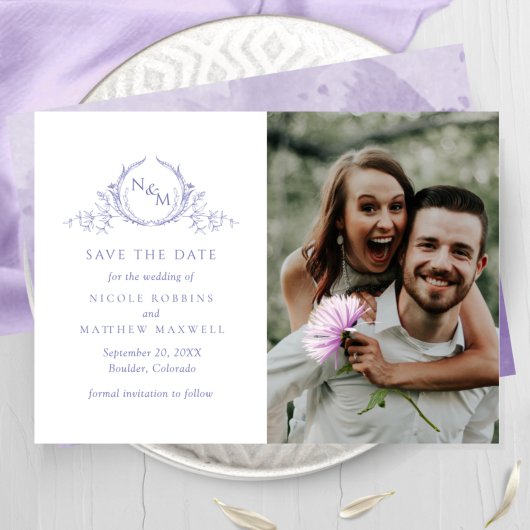 Elegant Foto Paars Monogram Weddenschap Save The Date