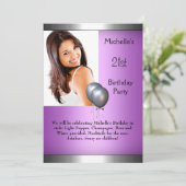 Elegant Foto Paars Pink Silver Ballon 21st Kaart (Staand voorkant)