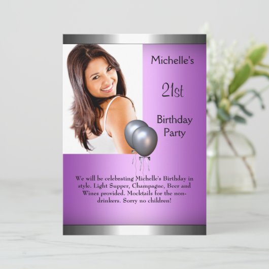 Elegant Foto Paars Pink Silver Ballon 21st Kaart (Staand voorkant)
