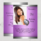 Elegant Foto Paars Pink Silver Ballon 21st Kaart (Voorkant / Achterkant)