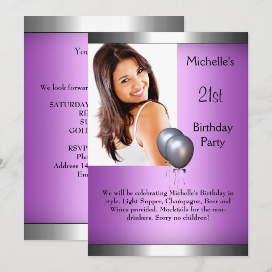 Elegant Foto Paars Pink Silver Ballon 21st Kaart (Voorkant / Achterkant)