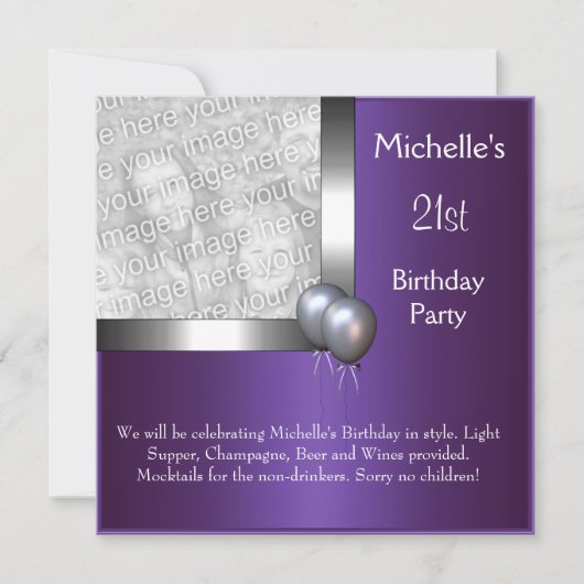 Elegant Foto Paars Silver Balloon 21st Birthday Kaart (Voorkant)