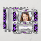 Elegant Foto Paars Zebra Silver Birthday Party Kaart (Voorkant / Achterkant)