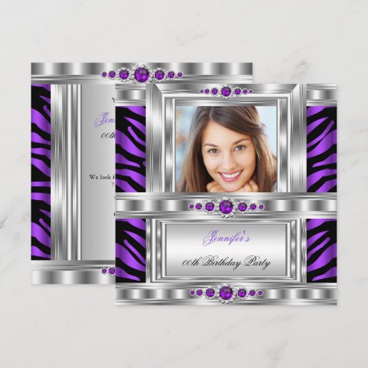 Elegant Foto Paars Zebra Silver Birthday Party Kaart (Voorkant / Achterkant)