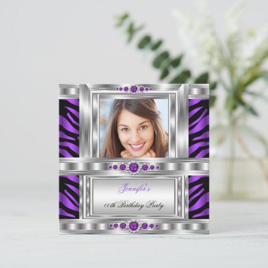 Elegant Foto Paars Zebra Silver Birthday Party Kaart (Staand voorkant)