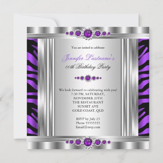 Elegant Foto Paars Zebra Silver Birthday Party Kaart (Achterkant)