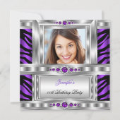 Elegant Foto Paars Zebra Silver Birthday Party Kaart (Voorkant)