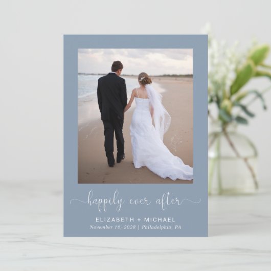 Elegant foto QR Code Dusty Blue Wedding Reception Kaart (Staand voorkant)