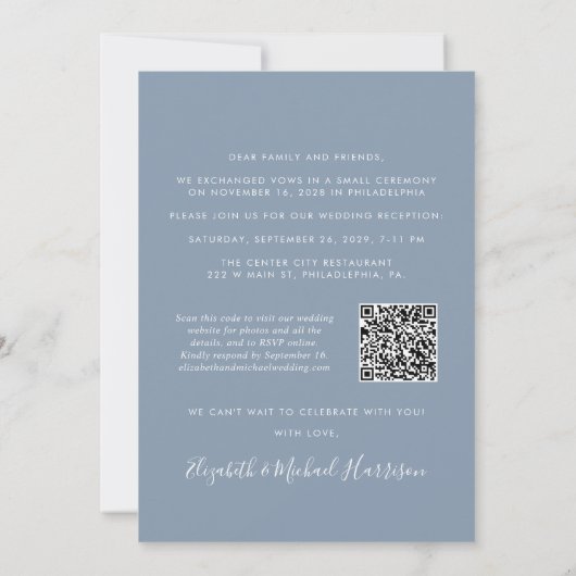 Elegant foto QR Code Dusty Blue Wedding Reception Kaart (Achterkant)