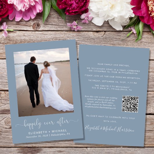 Elegant foto QR Code Dusty Blue Wedding Reception Kaart